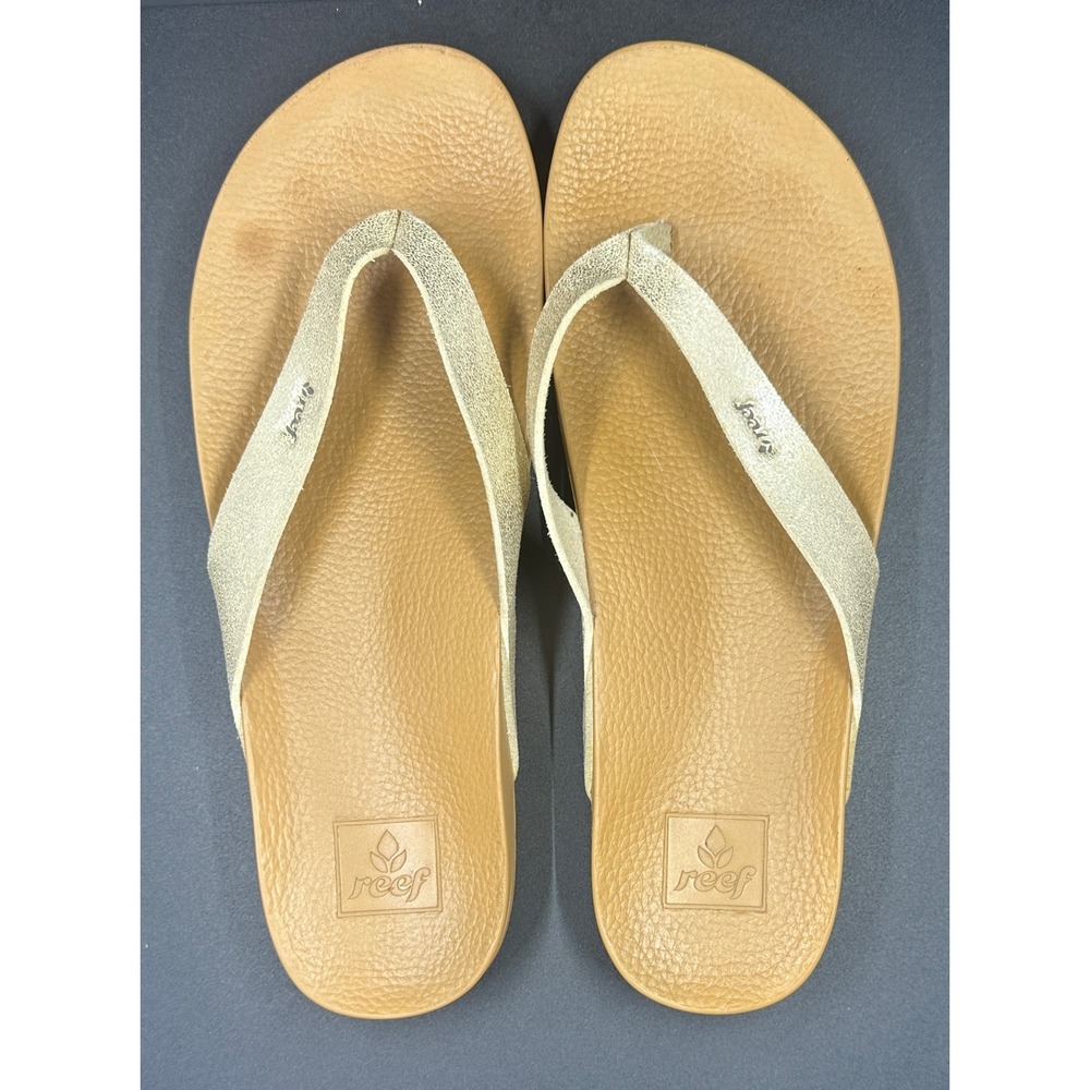 Reef Cushion Court Flip Flops Champagne Gold Metallic Sandals Womens Size 8